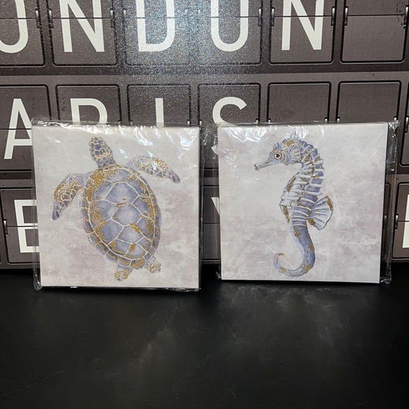 New Set Turtle & Seahorse Decorative Canvas Prints with Gold Foil 8IN x 8IN - Picture 2 of 13